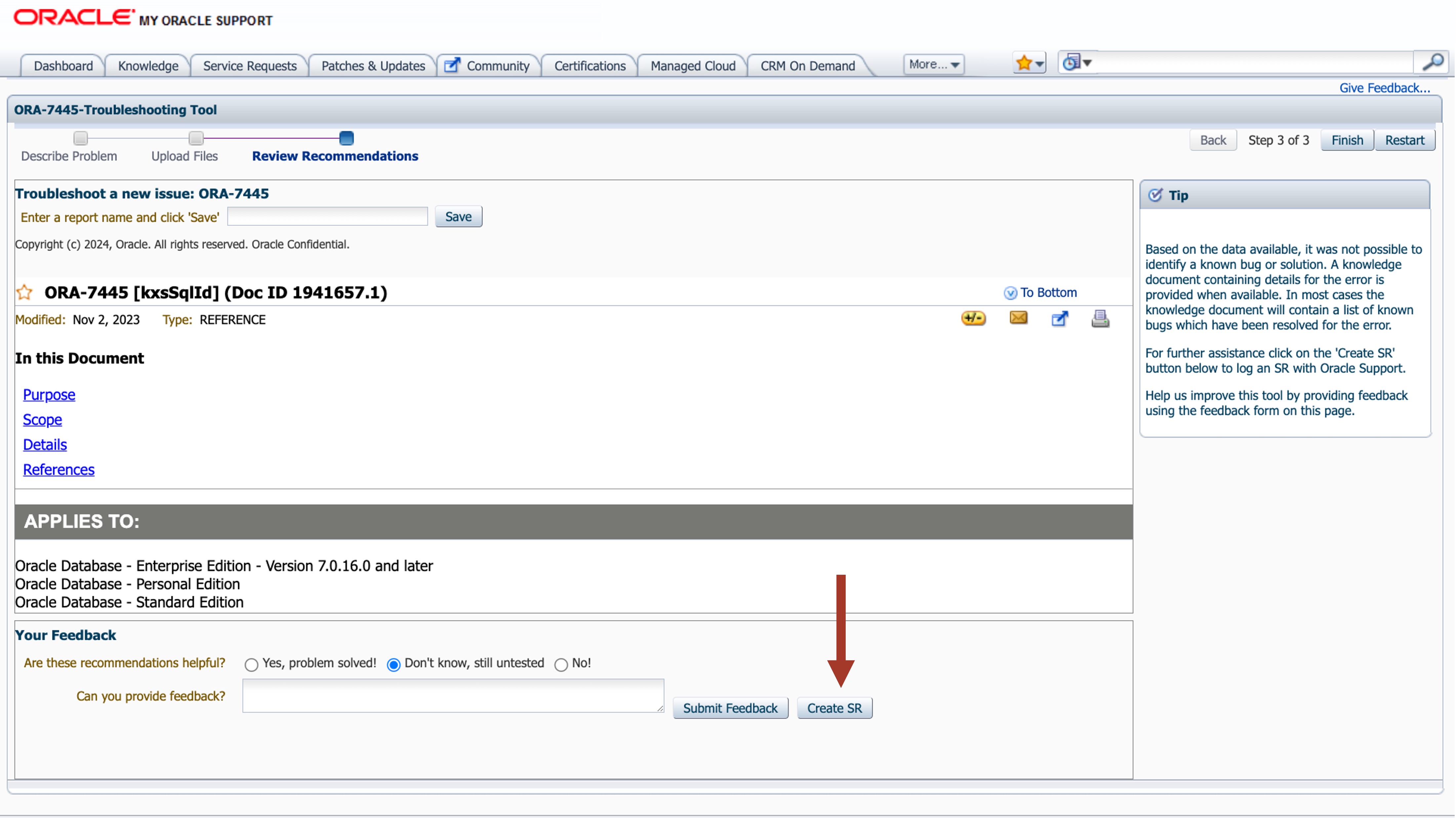 ORA-07445 Create SR Step 1