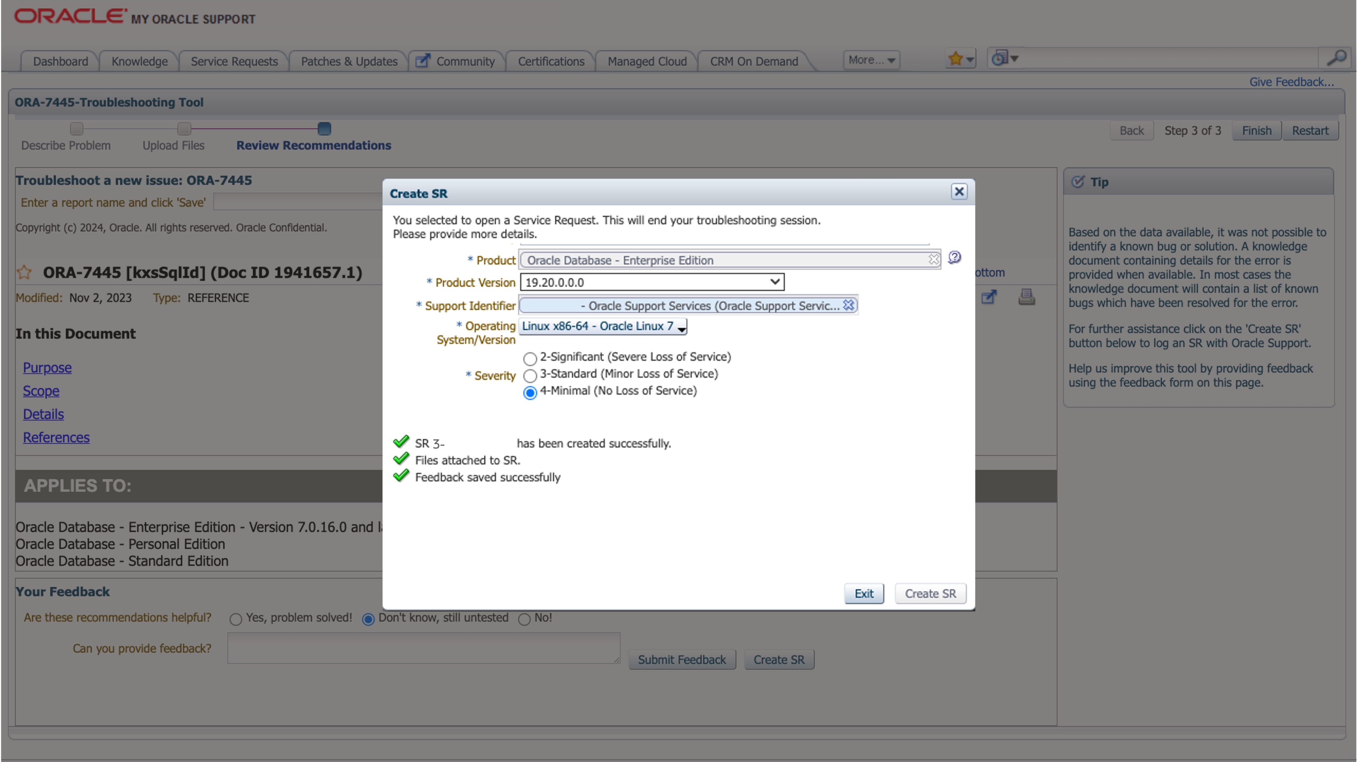 ORA-07445 Create SR Step 2