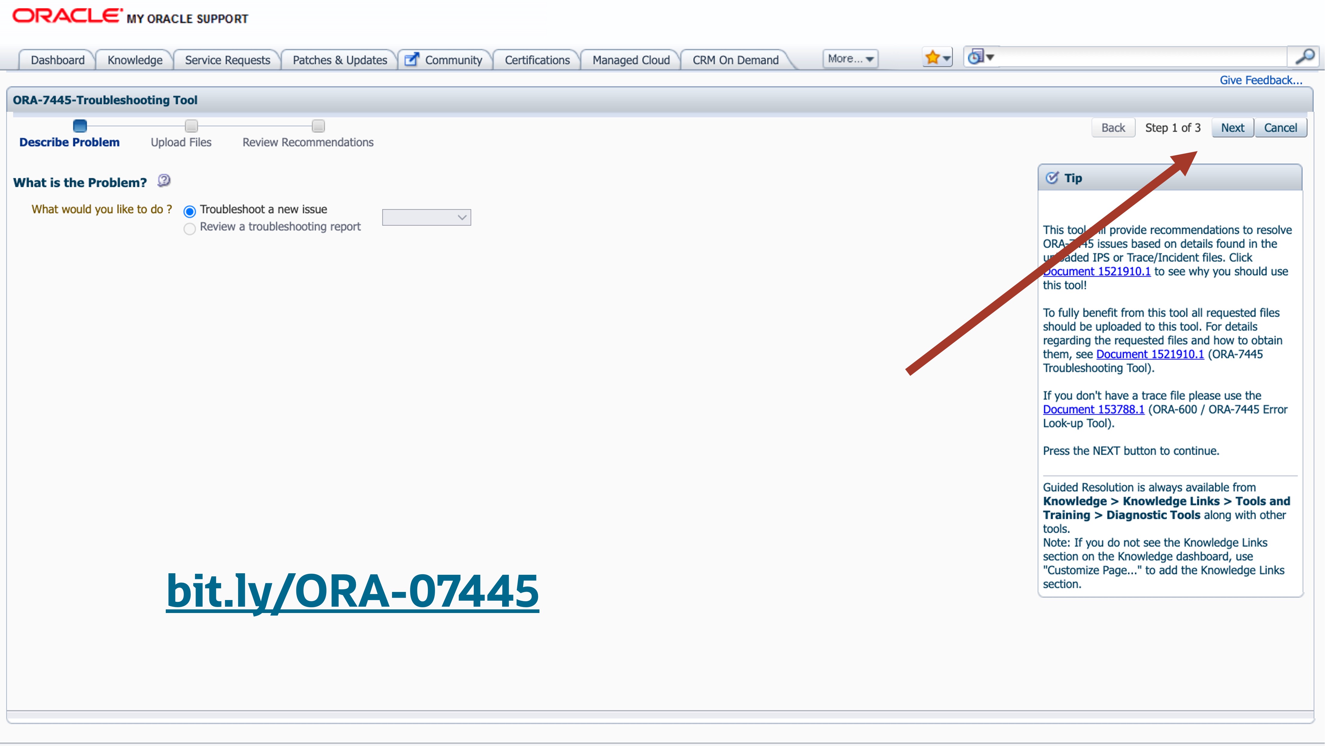 ORA-07445 MOS Troubleshooting Tool Step 1