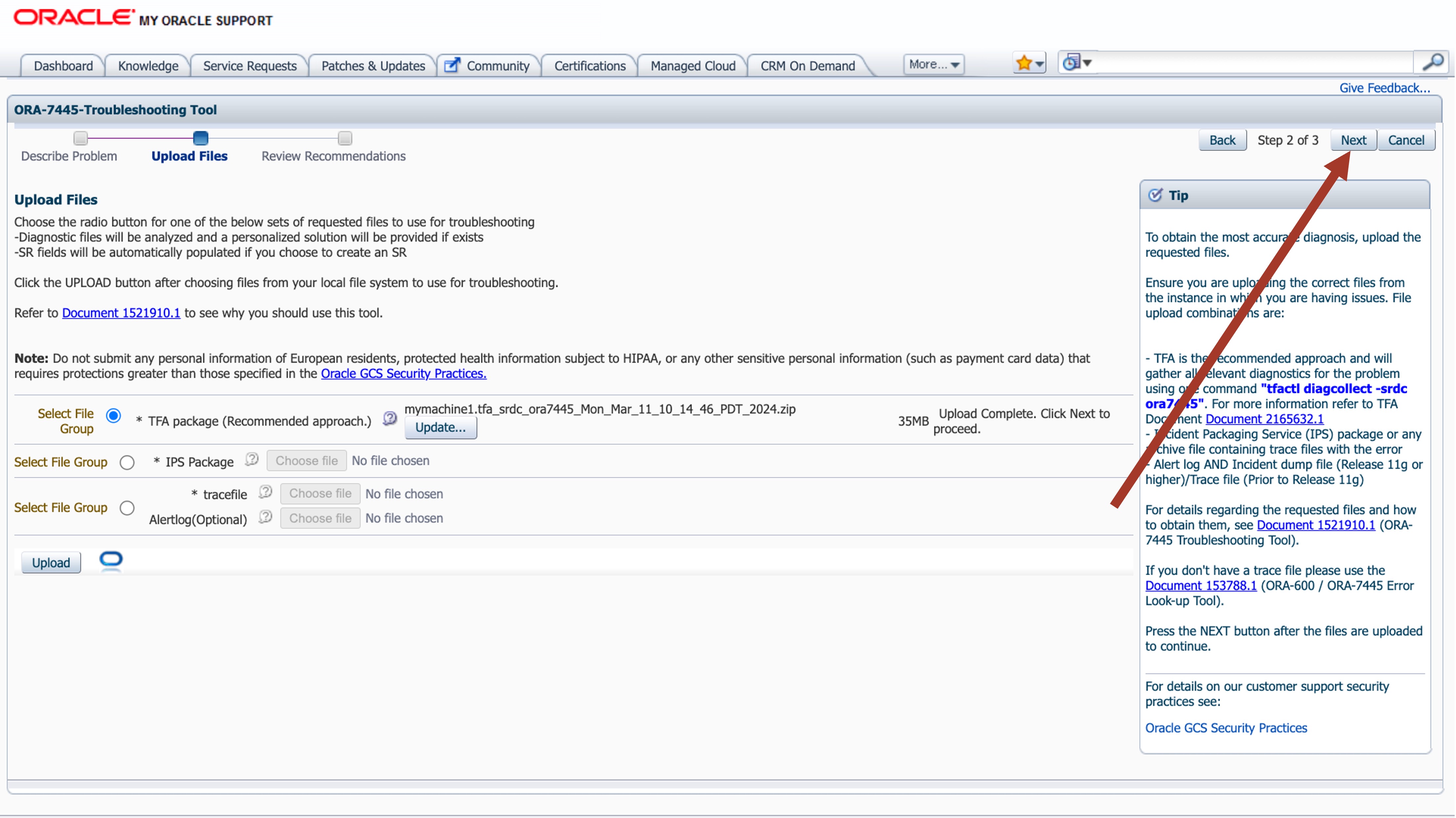 ORA-07445 MOS Troubleshooting Tool Step 3