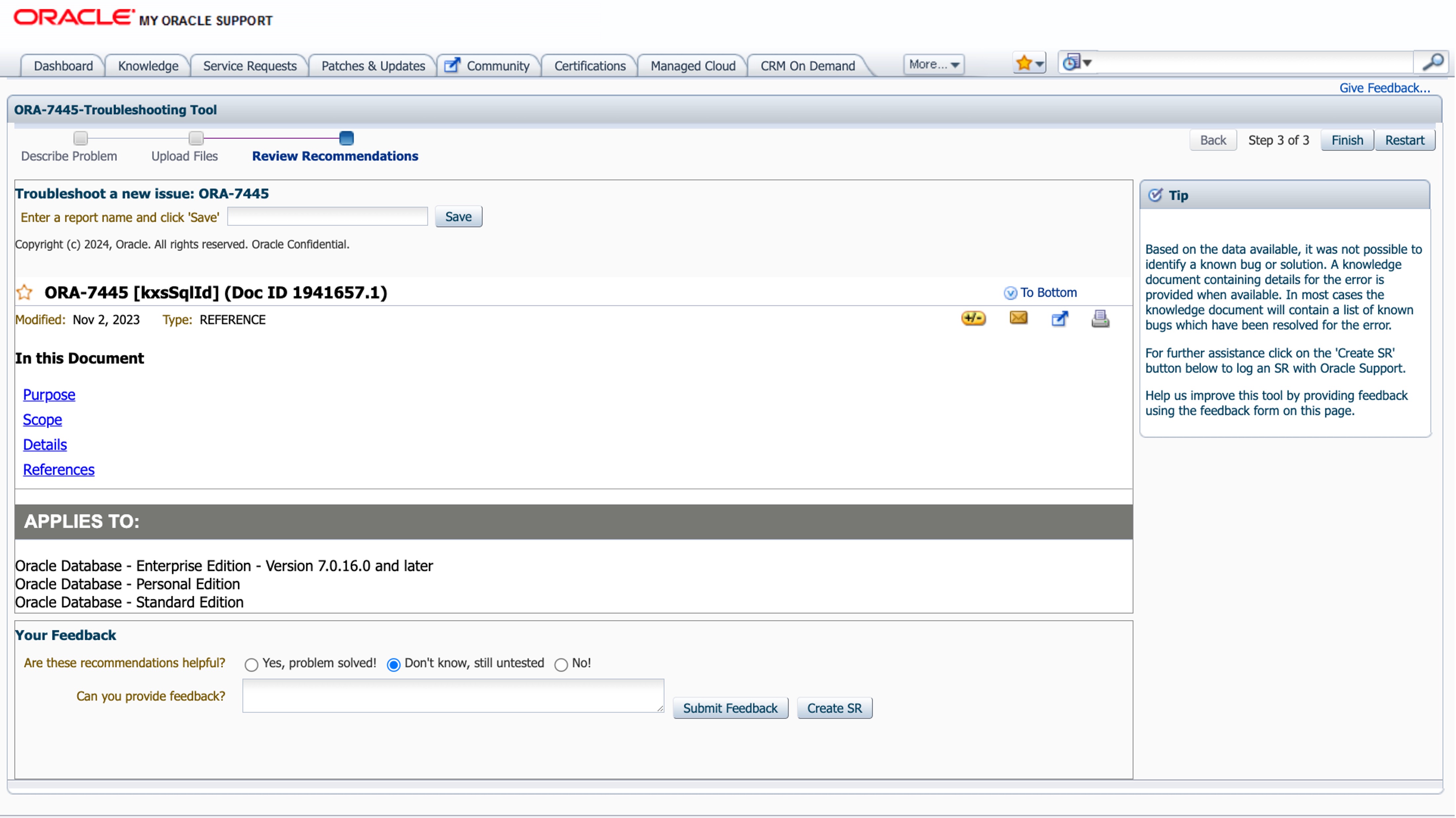 ORA-07445 MOS Troubleshooting Tool Step 4