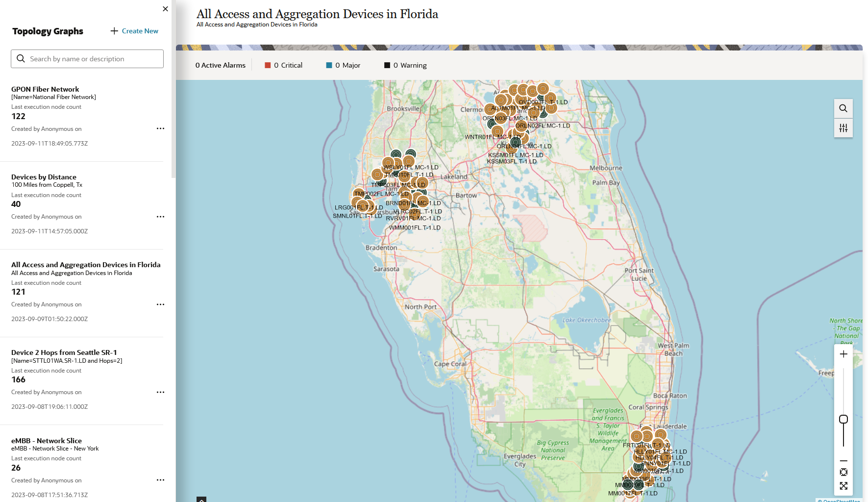 Network entities plotted on a map