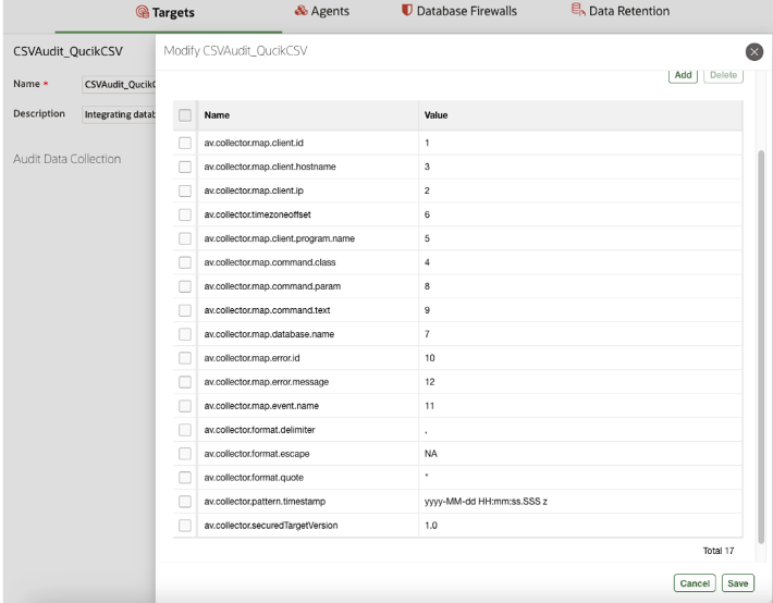 Screenshot of the QuickCSV configuration form mapping AVDF fields to values from a CSV file