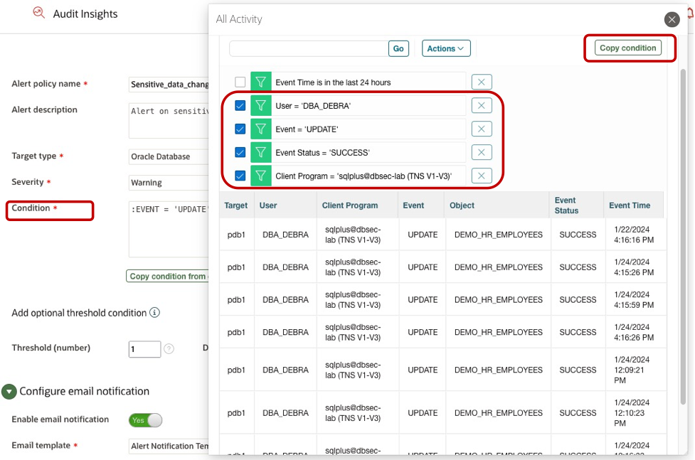 Screenshot of the all- activity report overlaying an audit insight page. In the screen shot, we can see that filter conditions are defined, and a "copy condition" button selected which then creates equivalent alert conditions