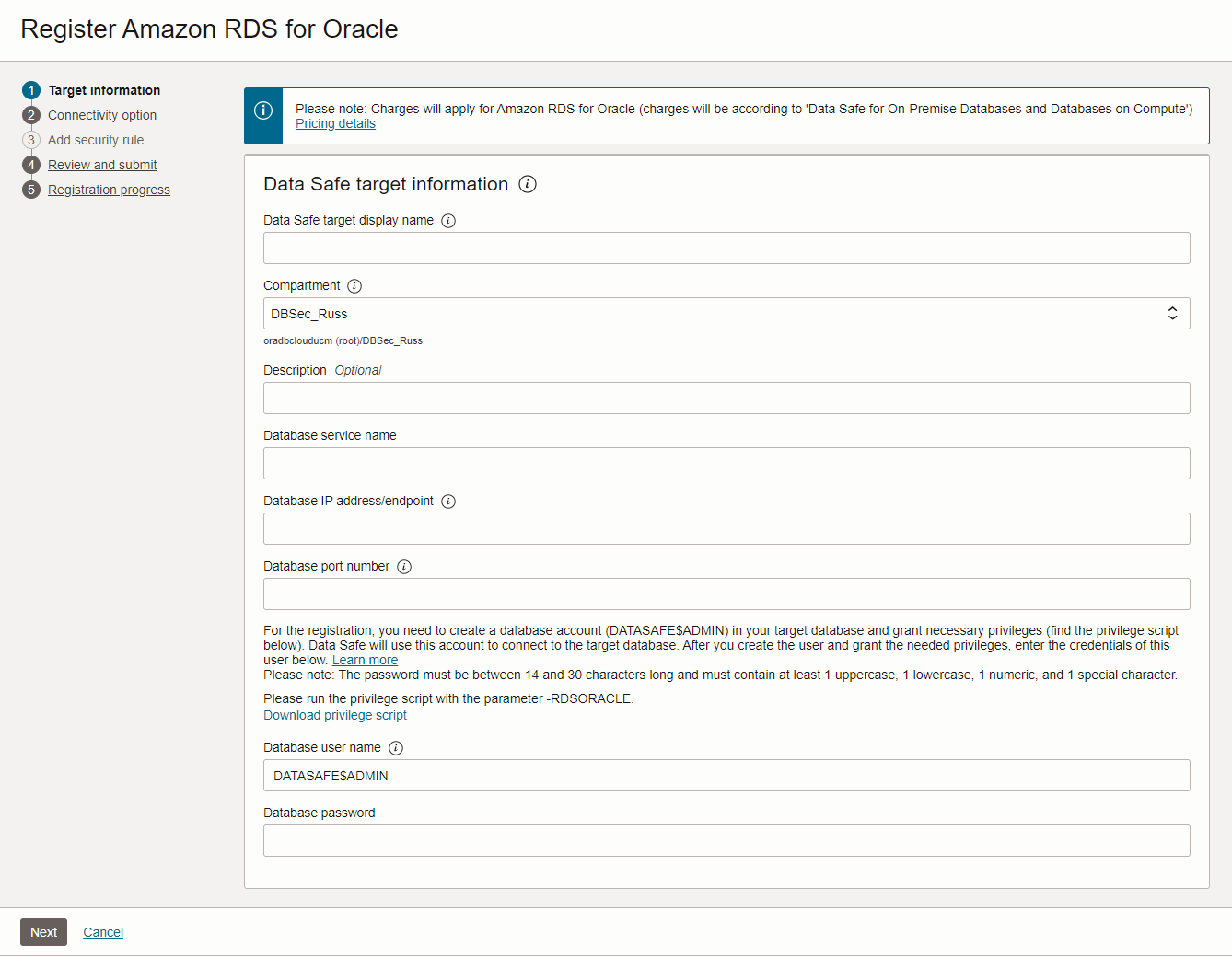 A screenshot of the Register Amazon RDS for Oracle screen in the Oracle Cloud Console.
