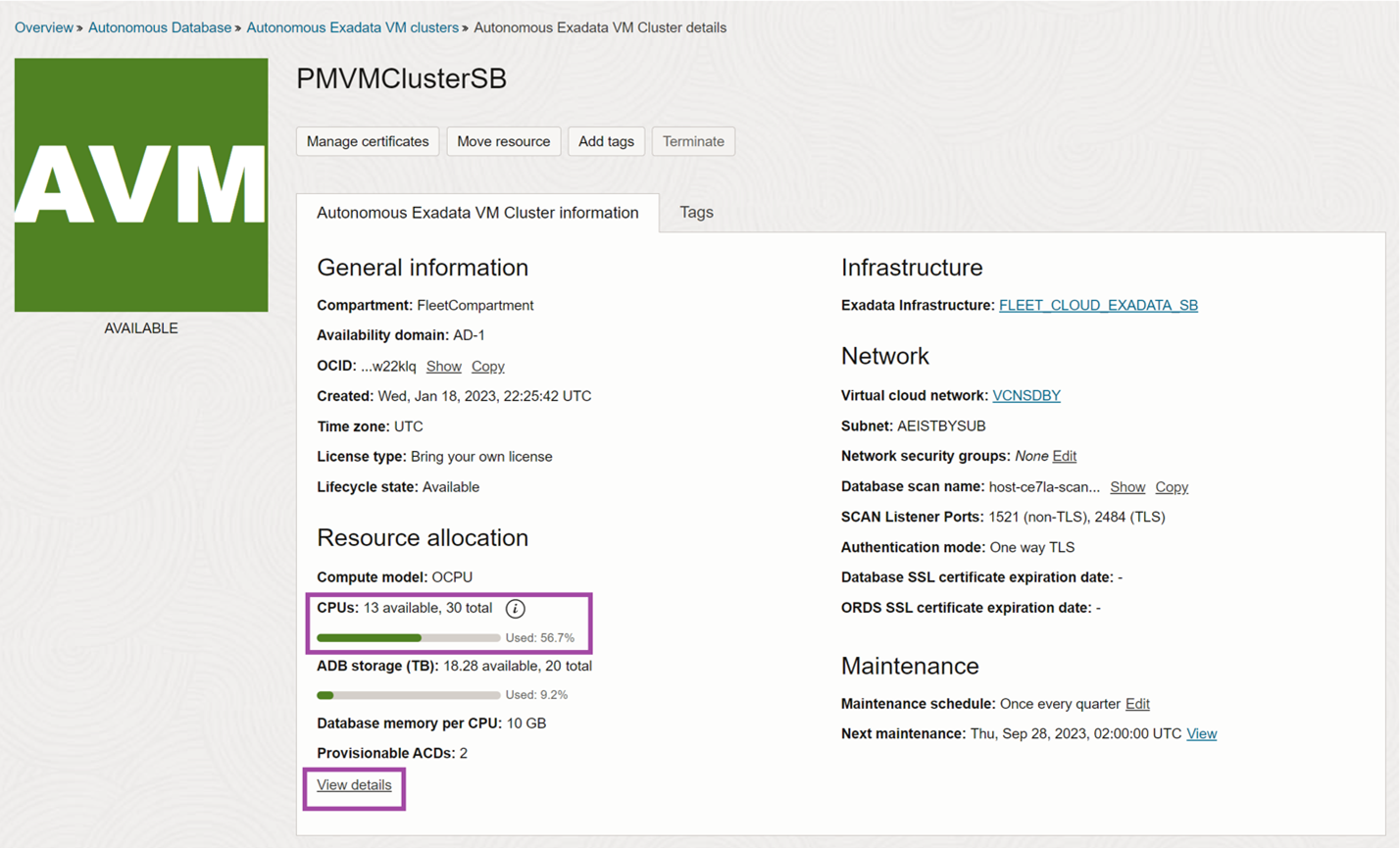 Autonomous Exadata VM Cluster details page