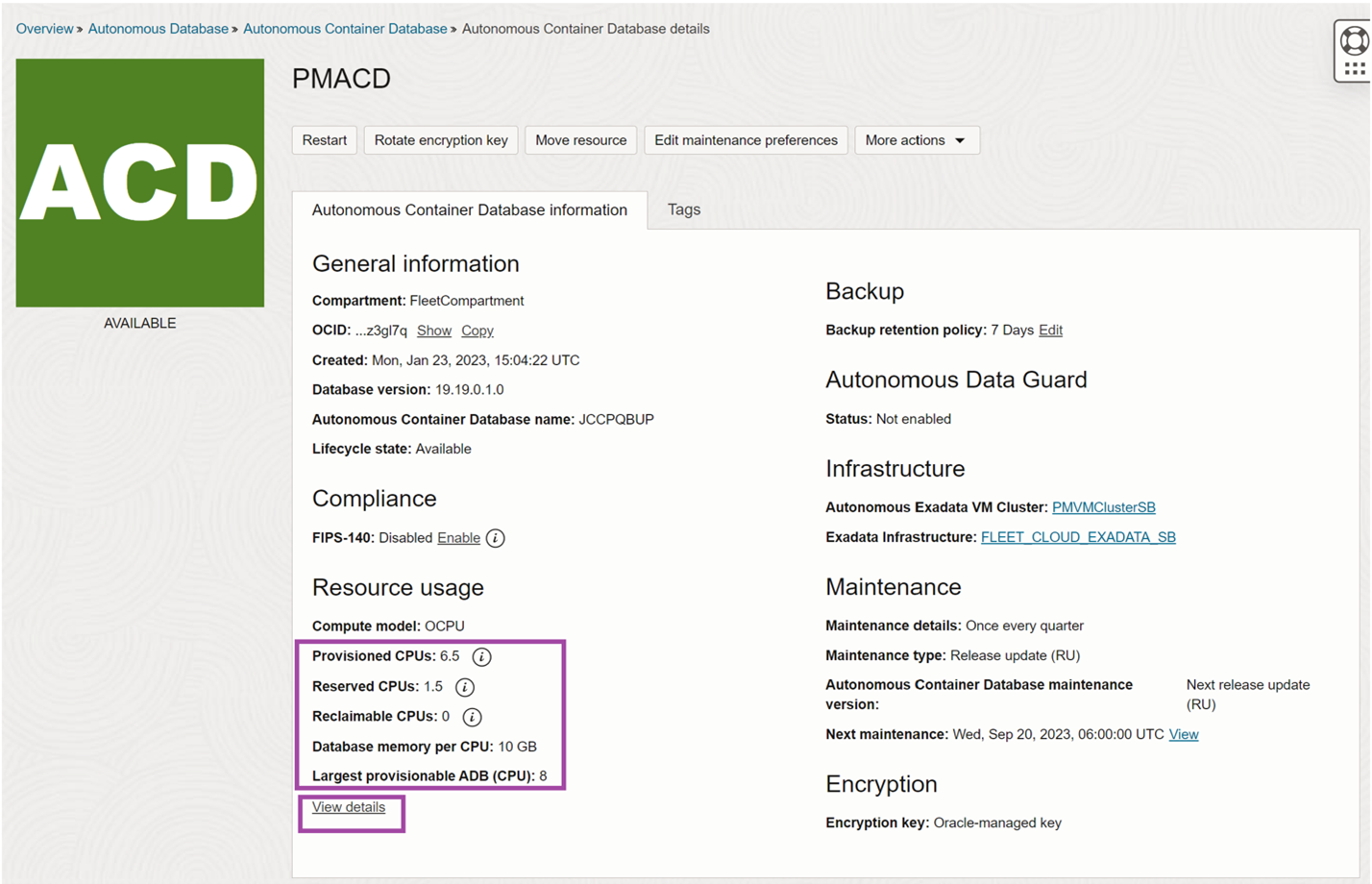 Autonomous Container Database details view