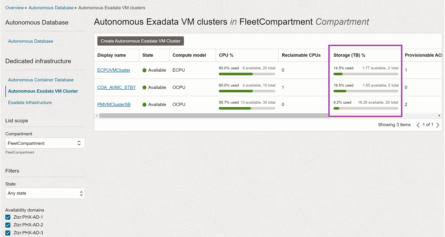 Autonomous Exadata VM Cluster list view