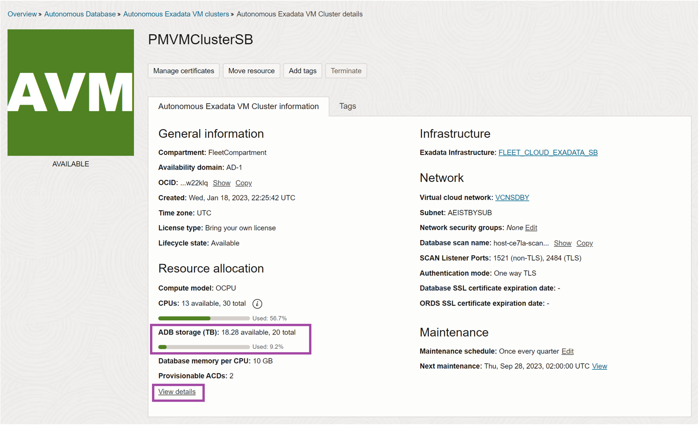 Autonomous Exadata VM Cluster details page