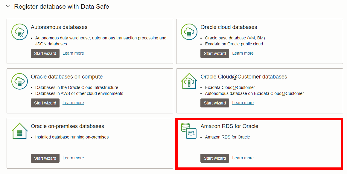 A screenshot of the options for registering databases with Data Safe.
