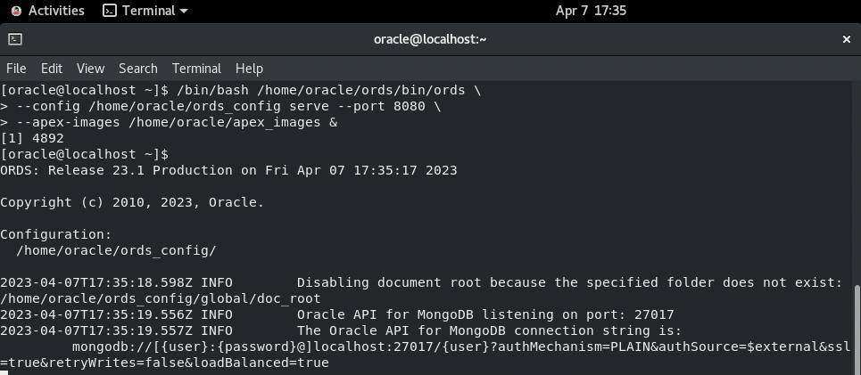 Start ORDS with Mongo API enabled.