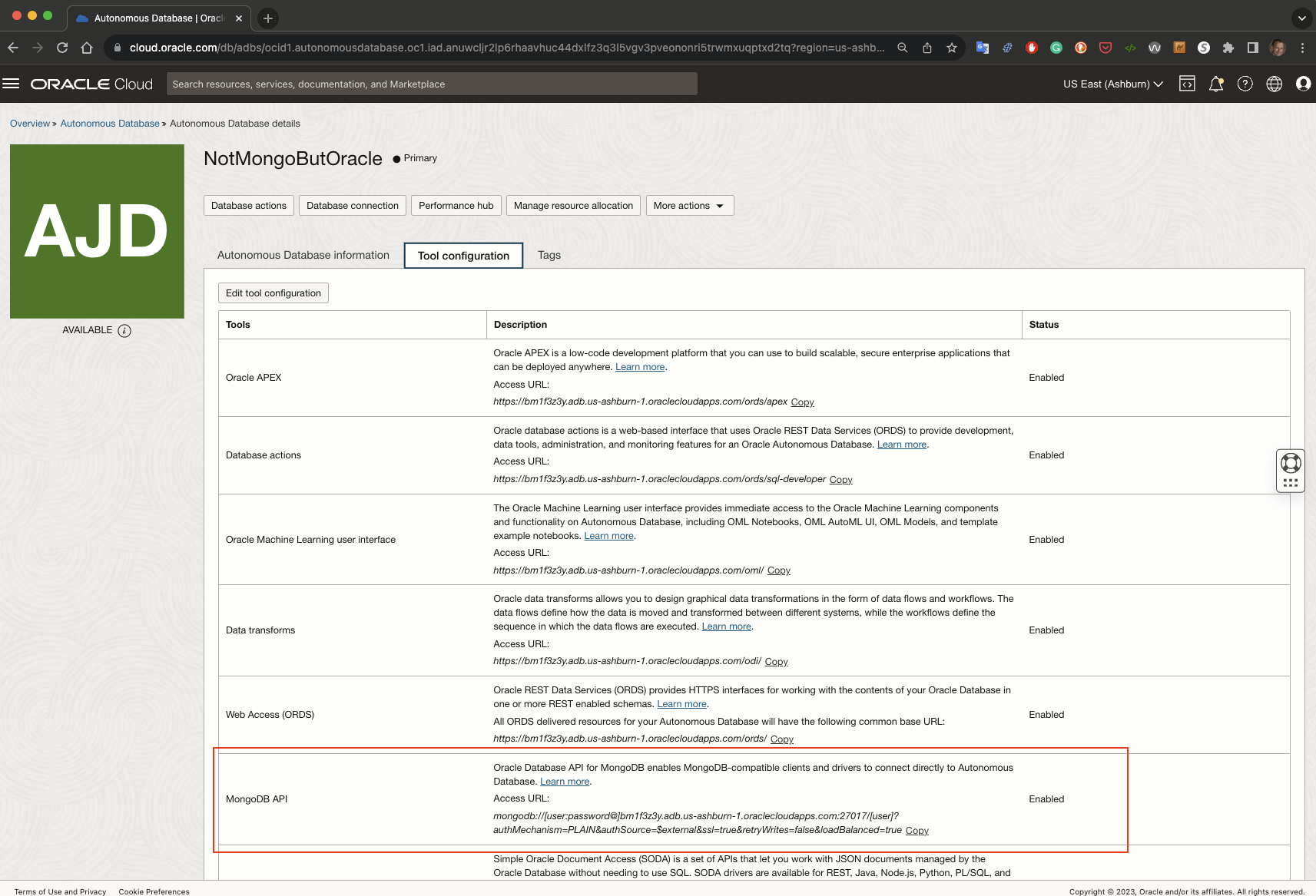 Tool configuration tab of Autonomous Database on OCI Console