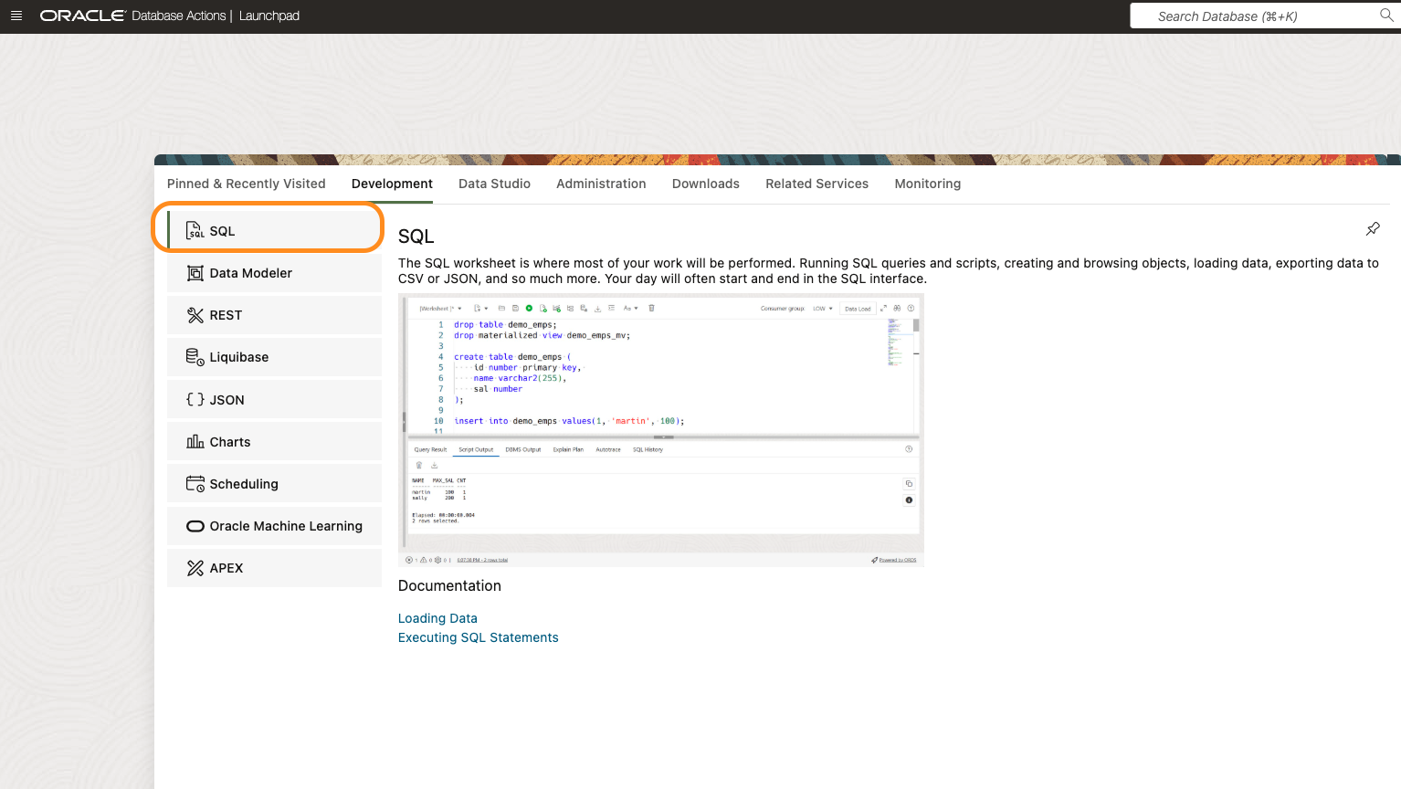 sql in database actions
