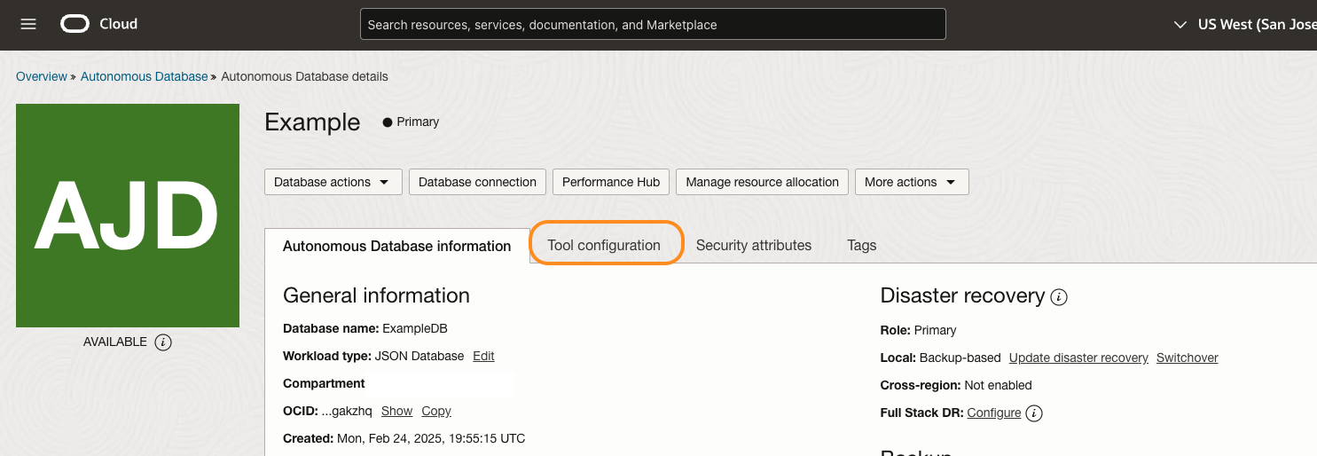tools configuration tab on OCI ADB detail screen
