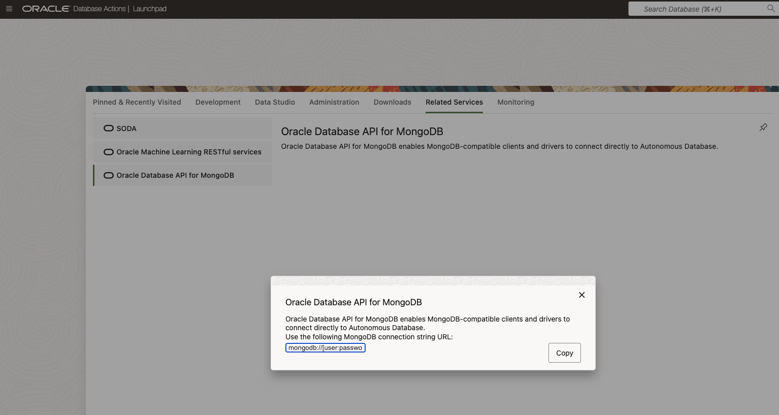 Database Actions - MongoDB connect string