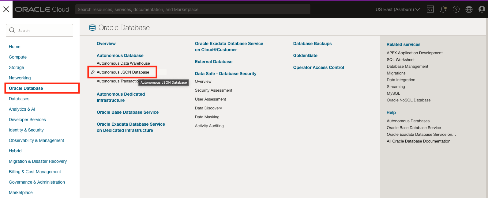 Autonomous JSON Database menu