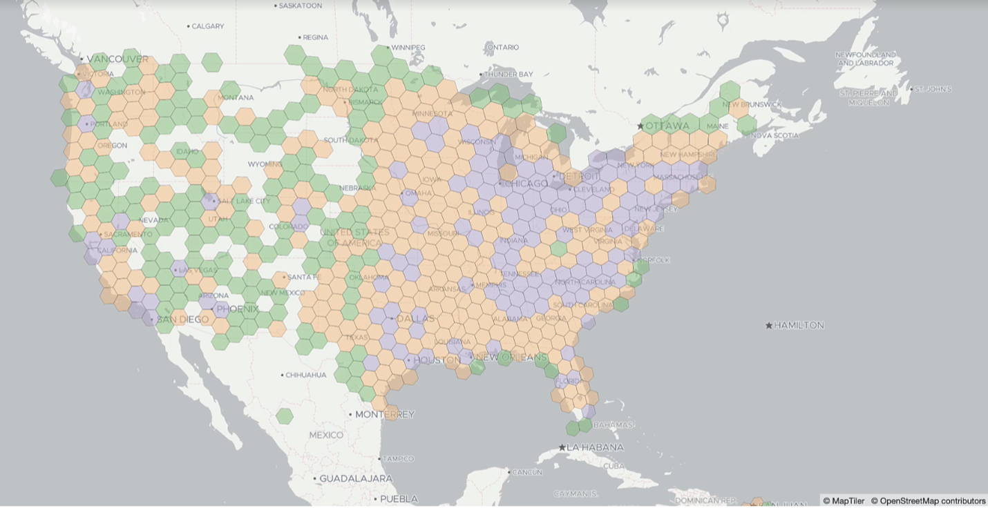 Visualization of H3 hexagons color coded by the number of EPA facilities in each hexagon