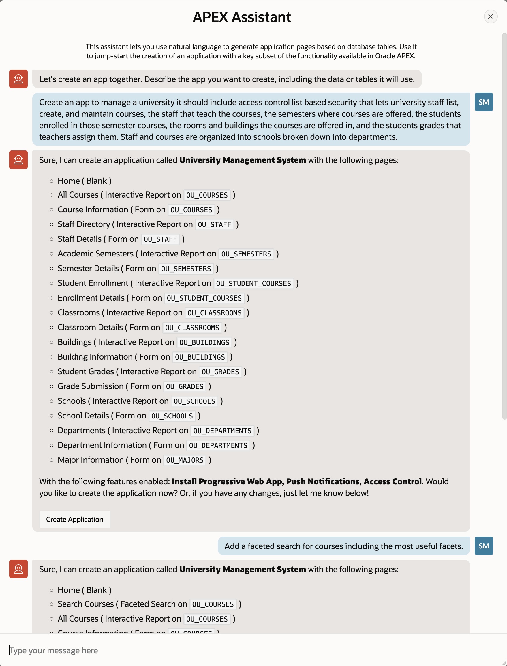 Figure 4: Creating an app blueprint using natural language with APEX Assistant