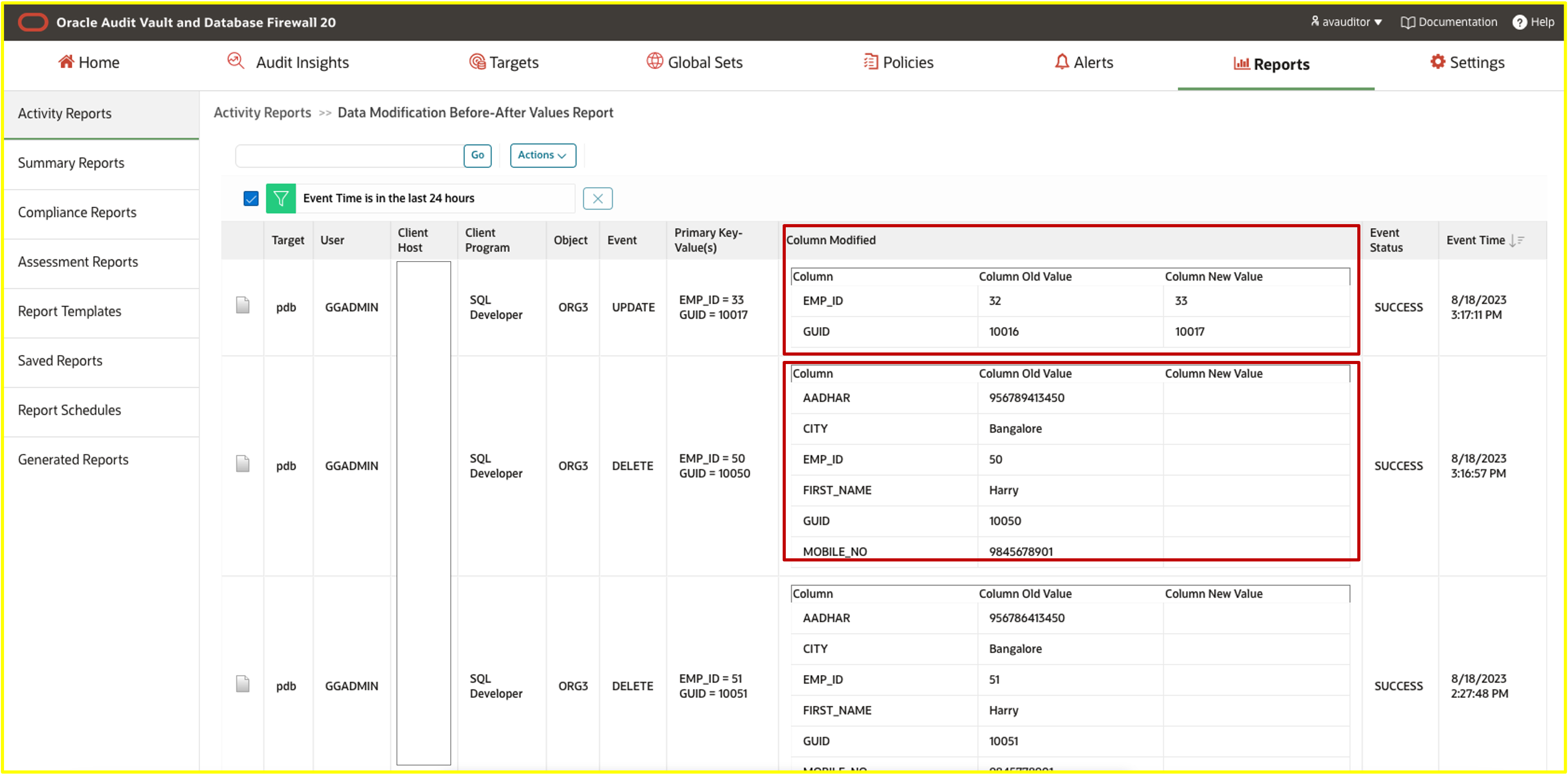 Data Modification - Before-After Values Report