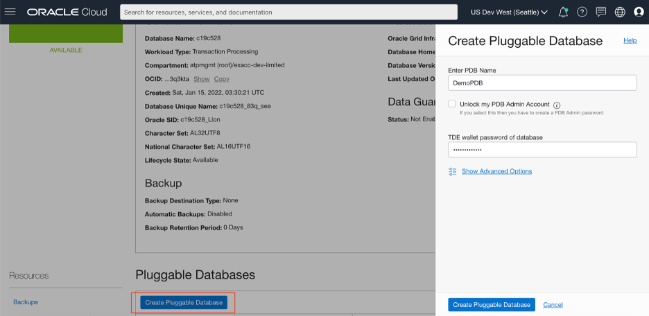 Create PDB from OCI Console