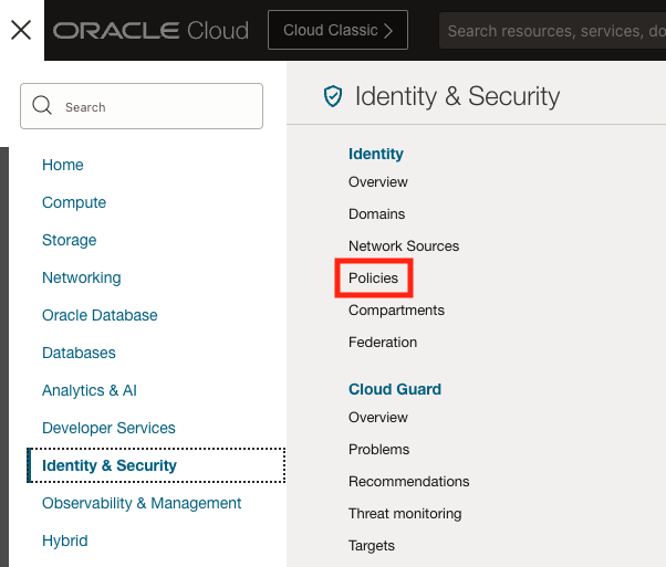 Navigation menu which highlights the Policies link