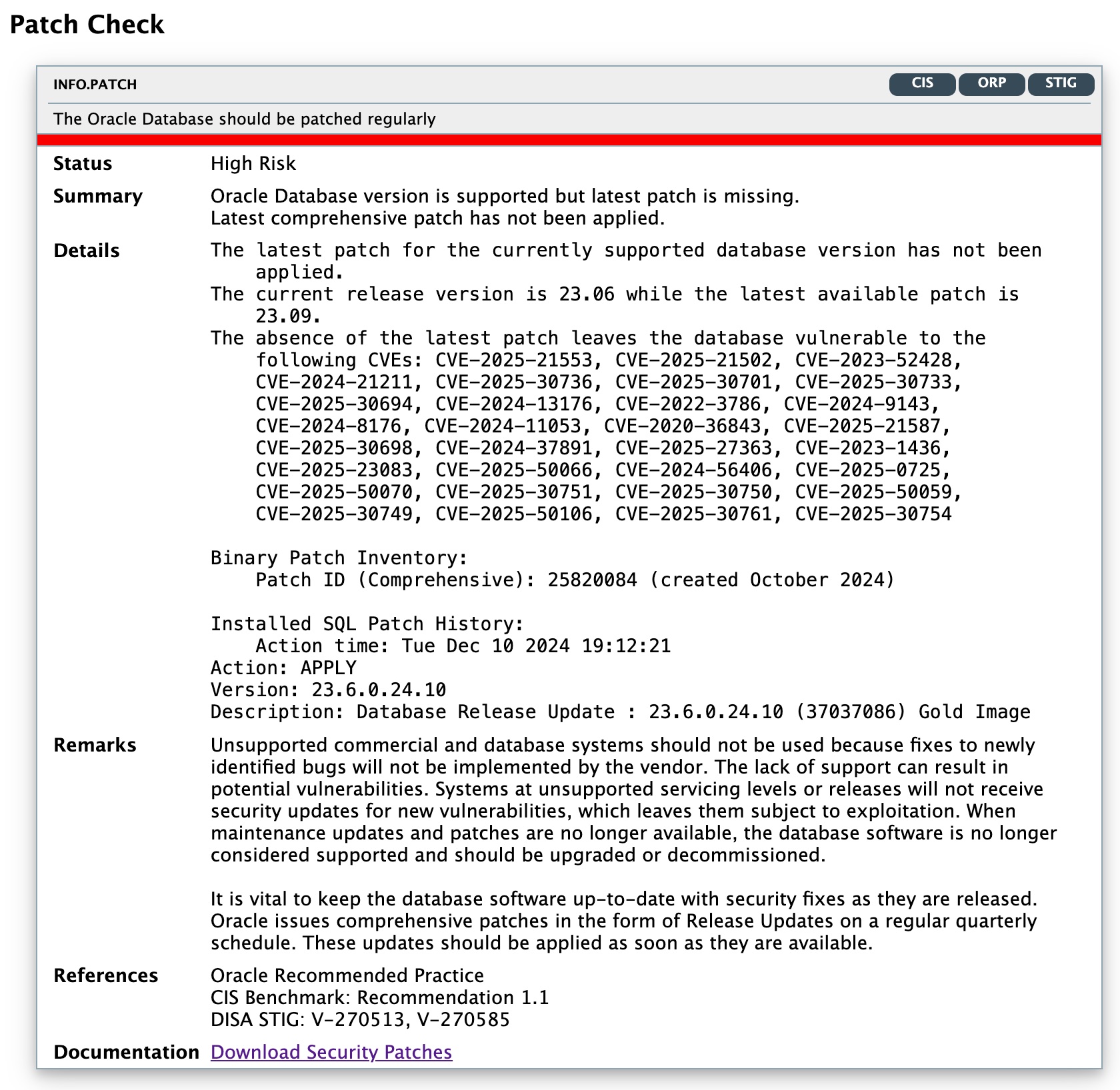 DBSAT check showing a database with missing patches and listing the open CVEs that the database is vulnerable to