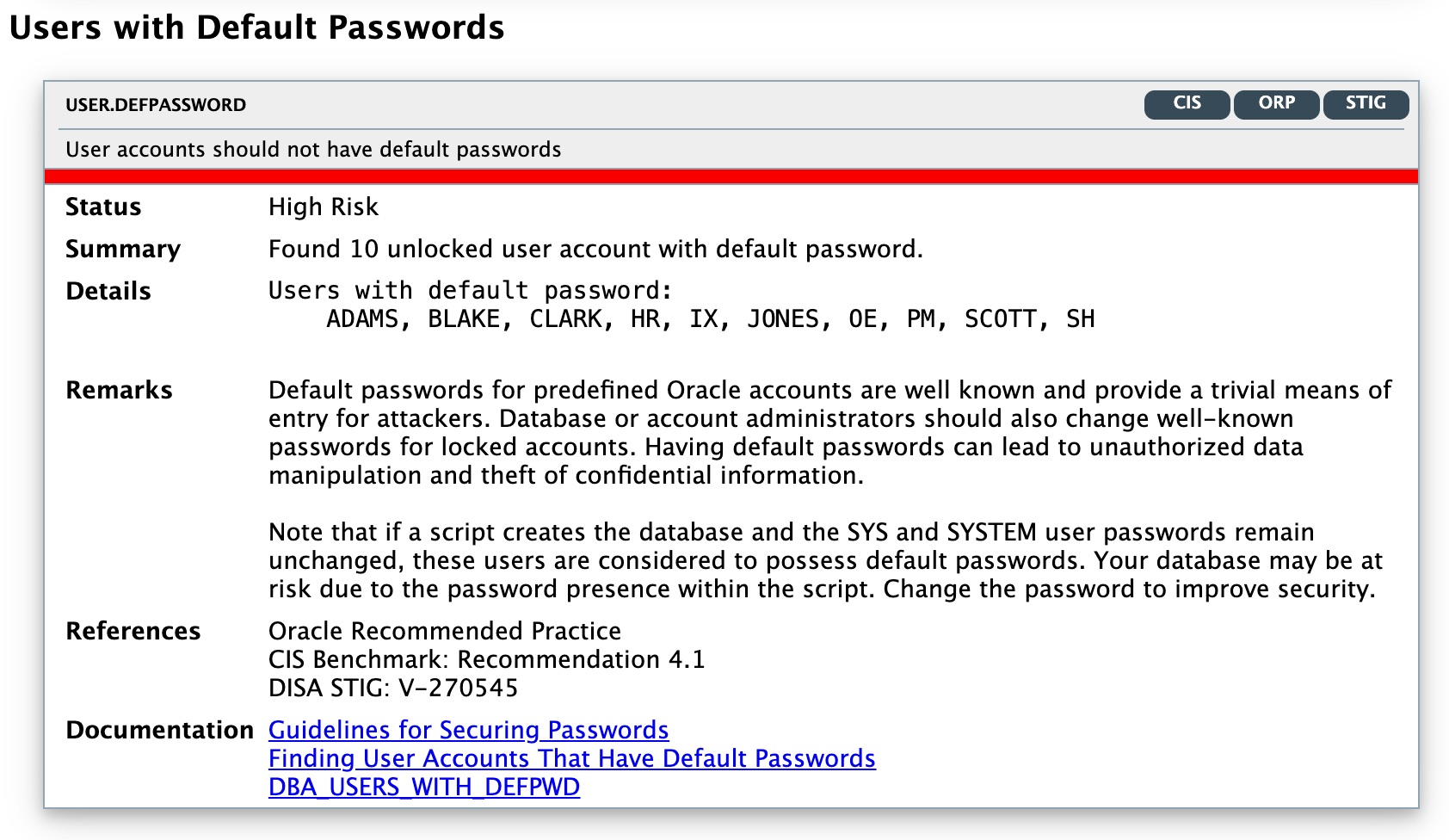 DBSAT finding that points out database users with default passwords