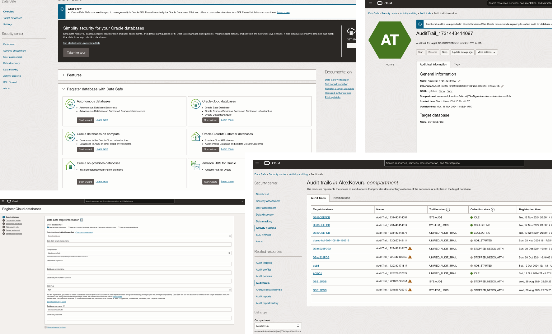 Collage of screenshots from the OCI console showing the Data Safe target registration process