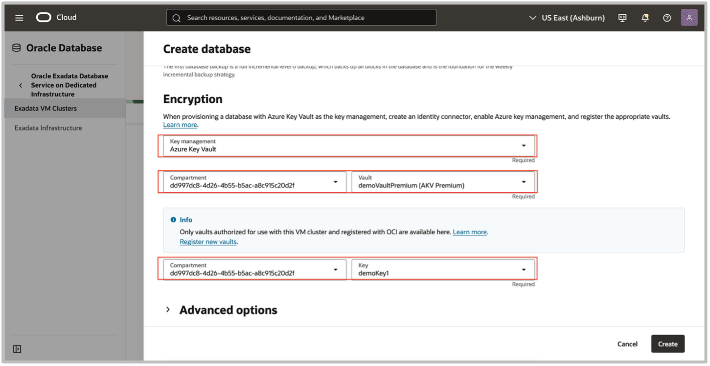 Screen shot of Exadata Database Service and Azure Key Management Integration