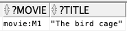This figure illustrates the results of running the above query in a tool like SQL Developer.   The values returned are movie:M1 with title 'The bird cage.'