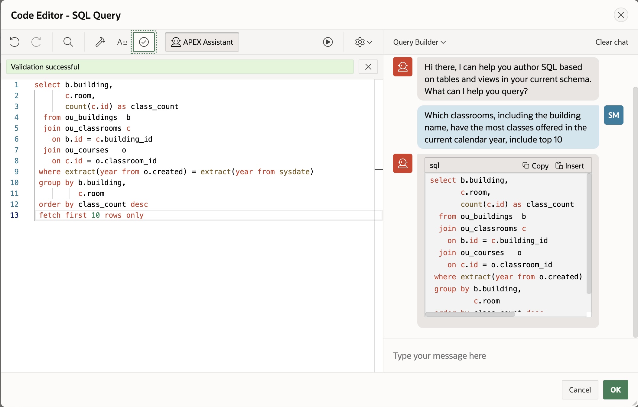 Figure 1: Using natural language to help generate SQL with APEX Assistant