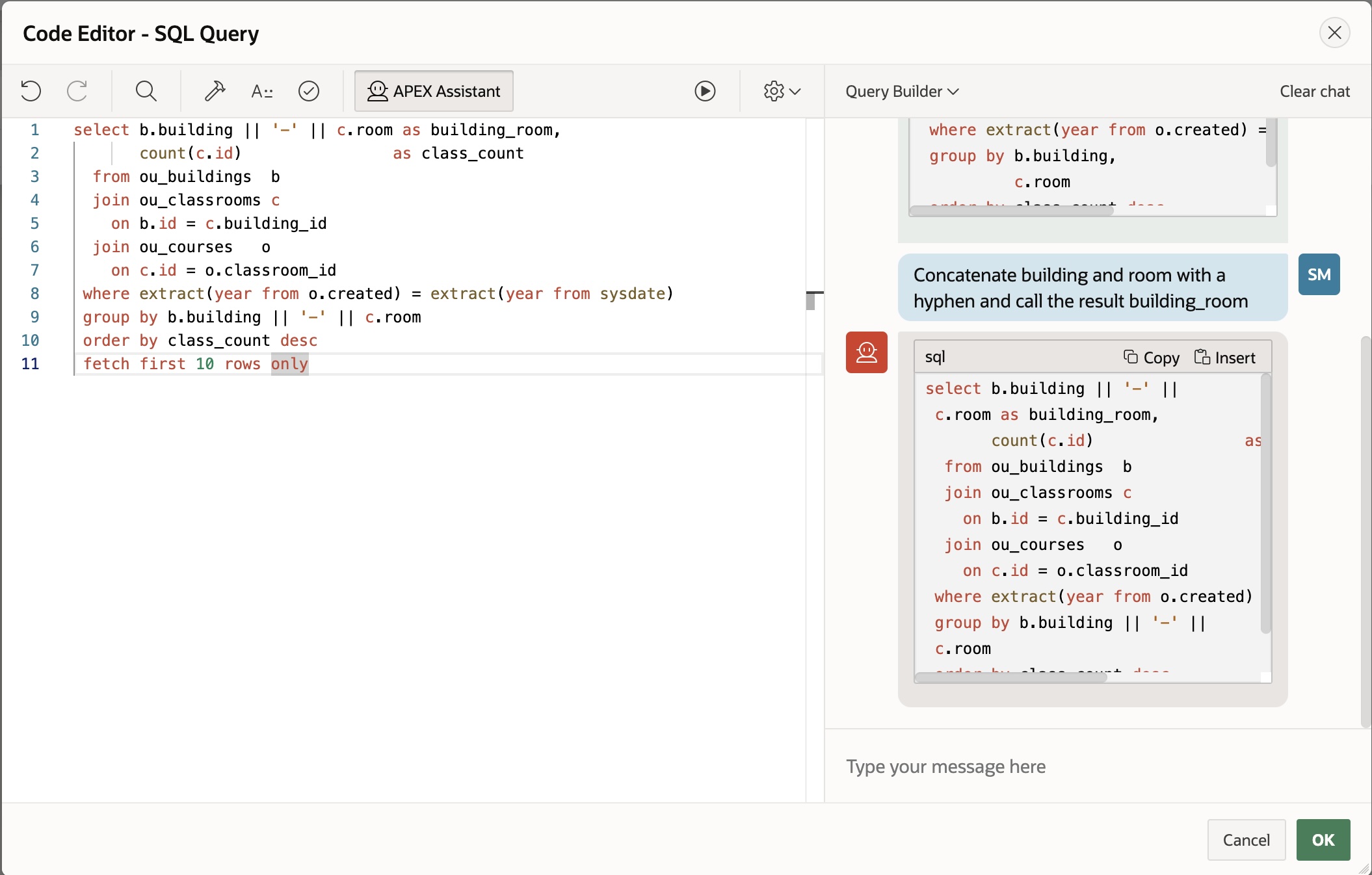 Figure 2: Asking APEX Assistant to help refine an existing SQL query