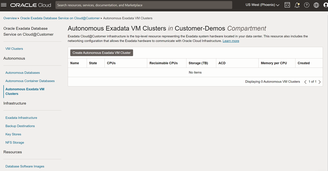Autnomous VM Cluster Landing page