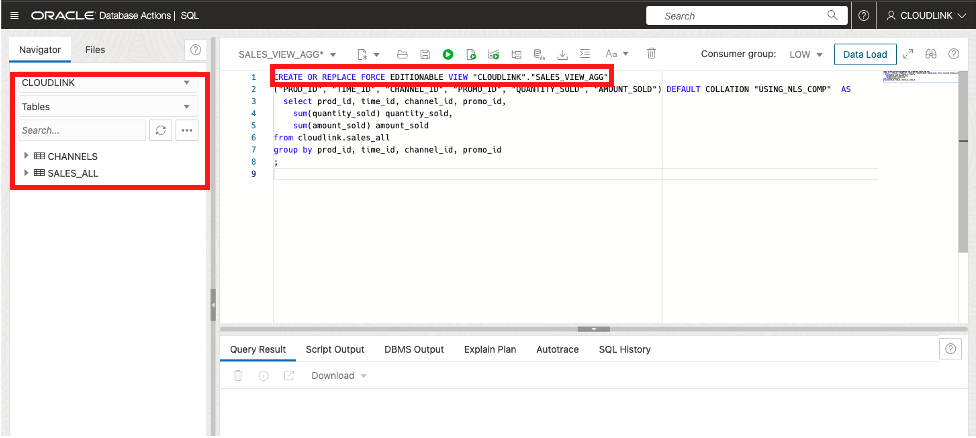 shows table sales and aggregated view sales_view_agg