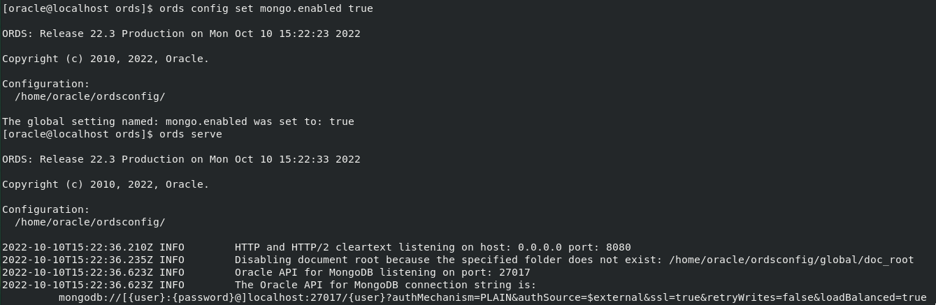 starting ords with mongodb api