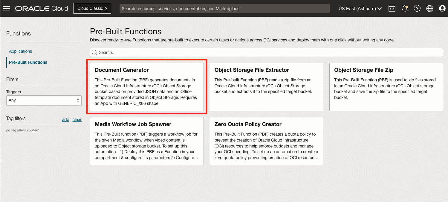 Pre-Built Functions page which highlights the Document Generator Function