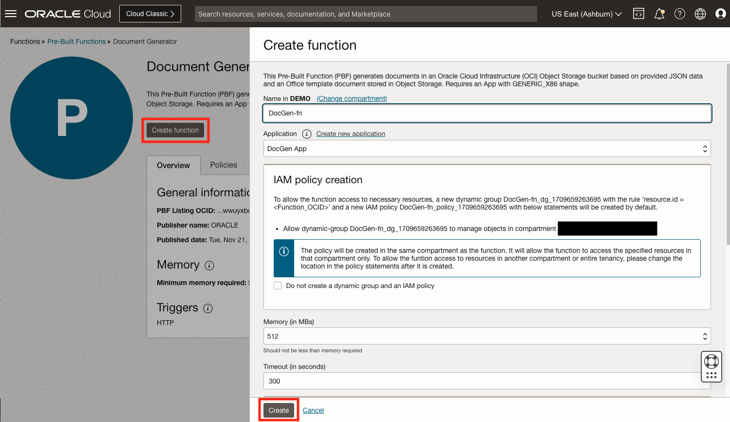 Page to create a function, it highlights the create buttons.