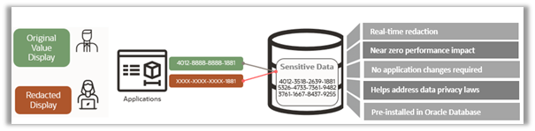 Graphic shows redaction in use, with the original value as an input, and a redacted value as the output