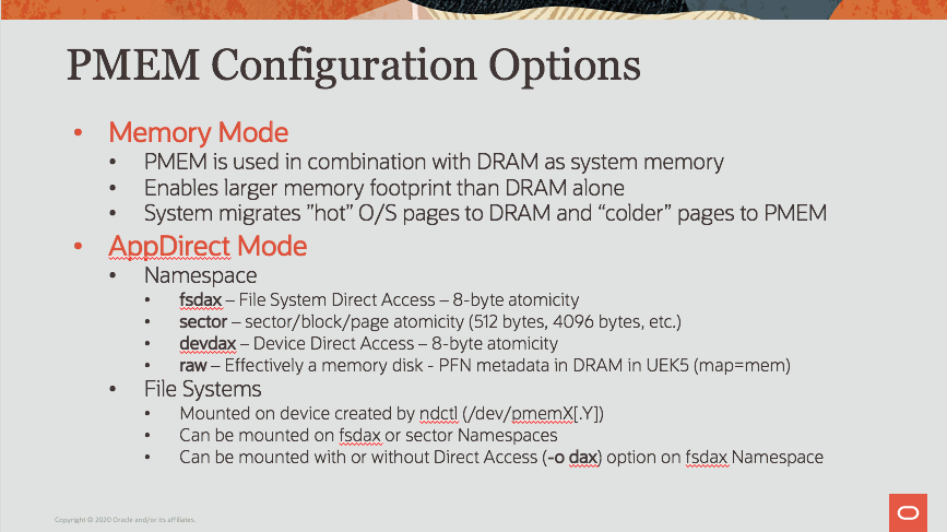 Graphic showing that Persistent Memory can be configured either in Memory Mode or AppDirect Mode, with multiple configuration options that fall under AppDirect.