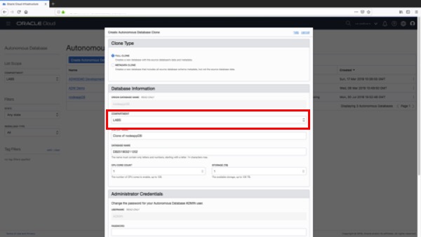 Setting the compartment for the new cloned instance