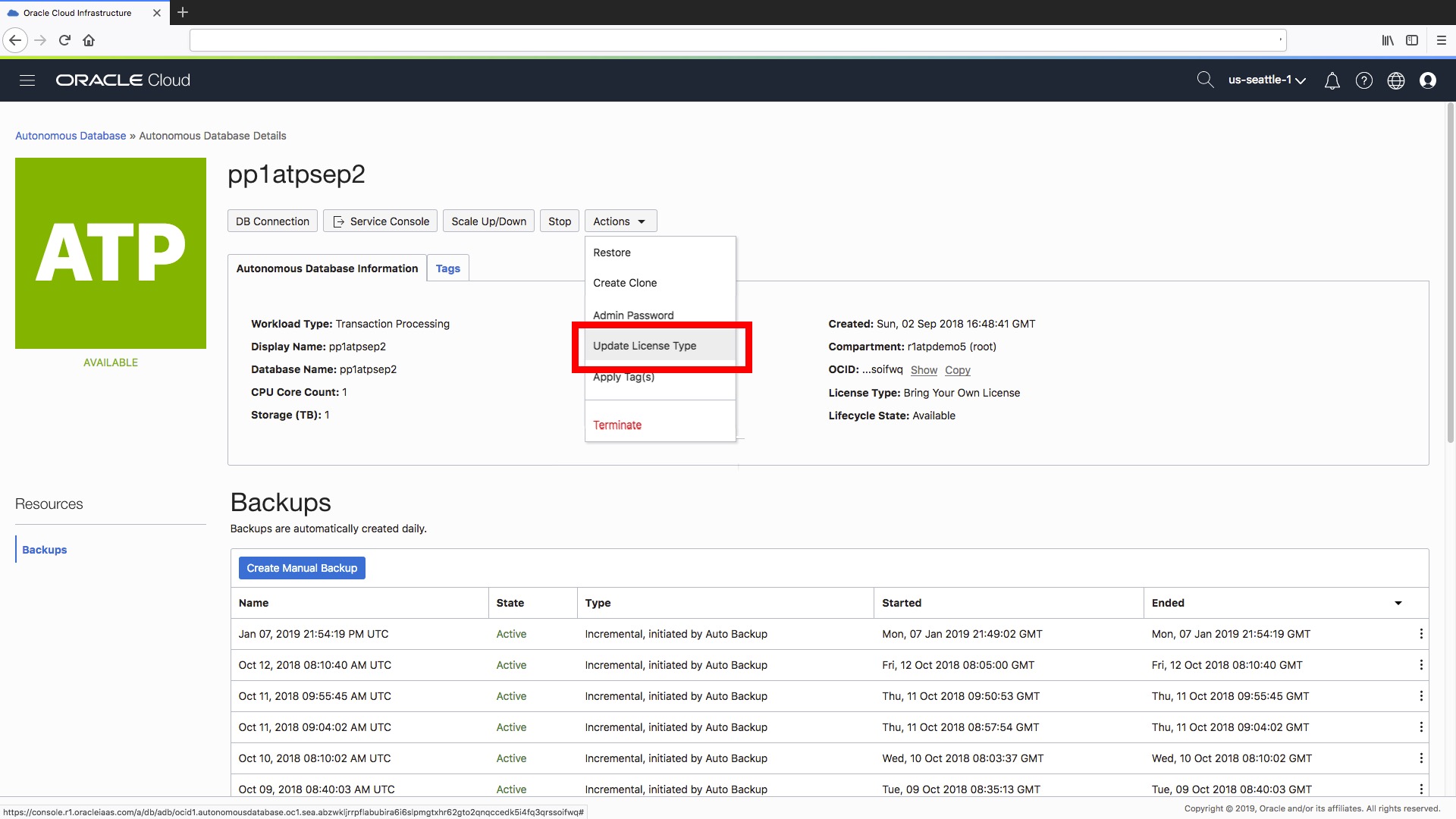 Select menu option to change the type of licence