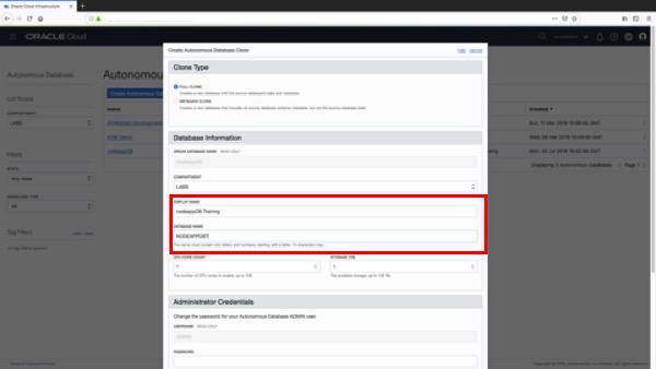Setting the display and database names