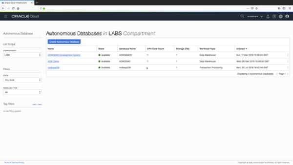 ADB Landing Page with list of ADB instances