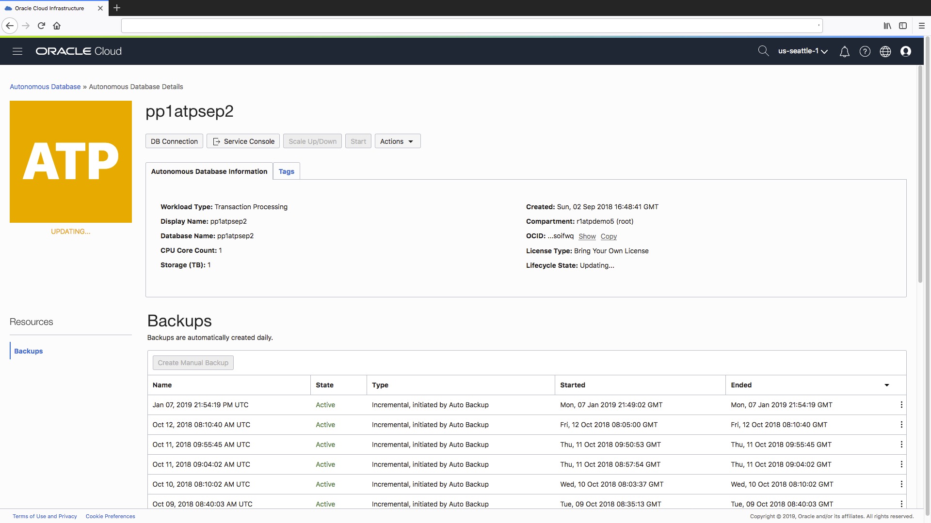 Autonomous Database mode switches to updating while changes are applied