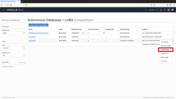 Selecting the create clone menu option