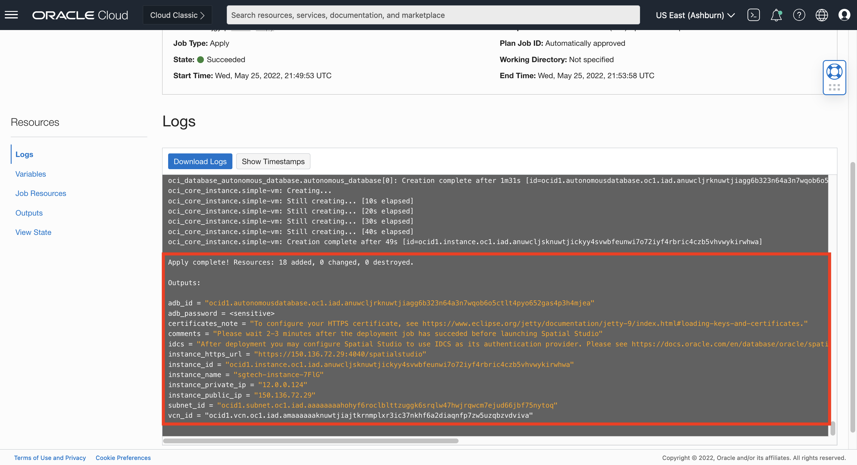 Scroll down to the bottom of the log for important details: URL to access your Spatial Studio instance (labelled instance_https_url) Links for those interested in configuring a HTTPS certificate and configuring Oracle IDCS as SSO provider