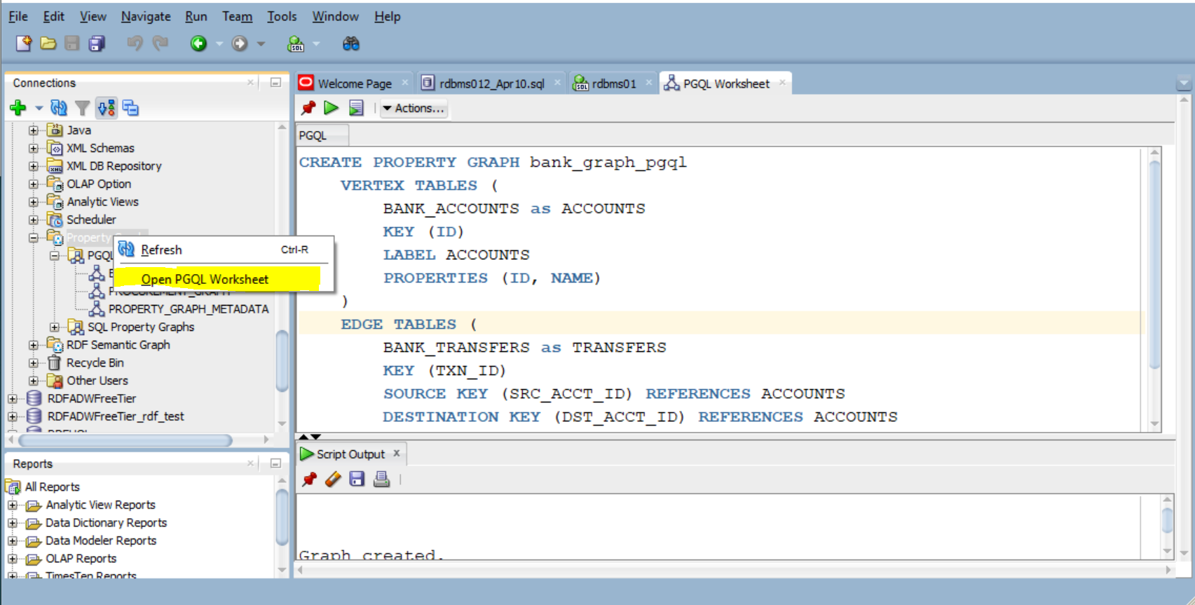 SQL Developer showing how a PGQL worksheet can be opened with the menu on the left.