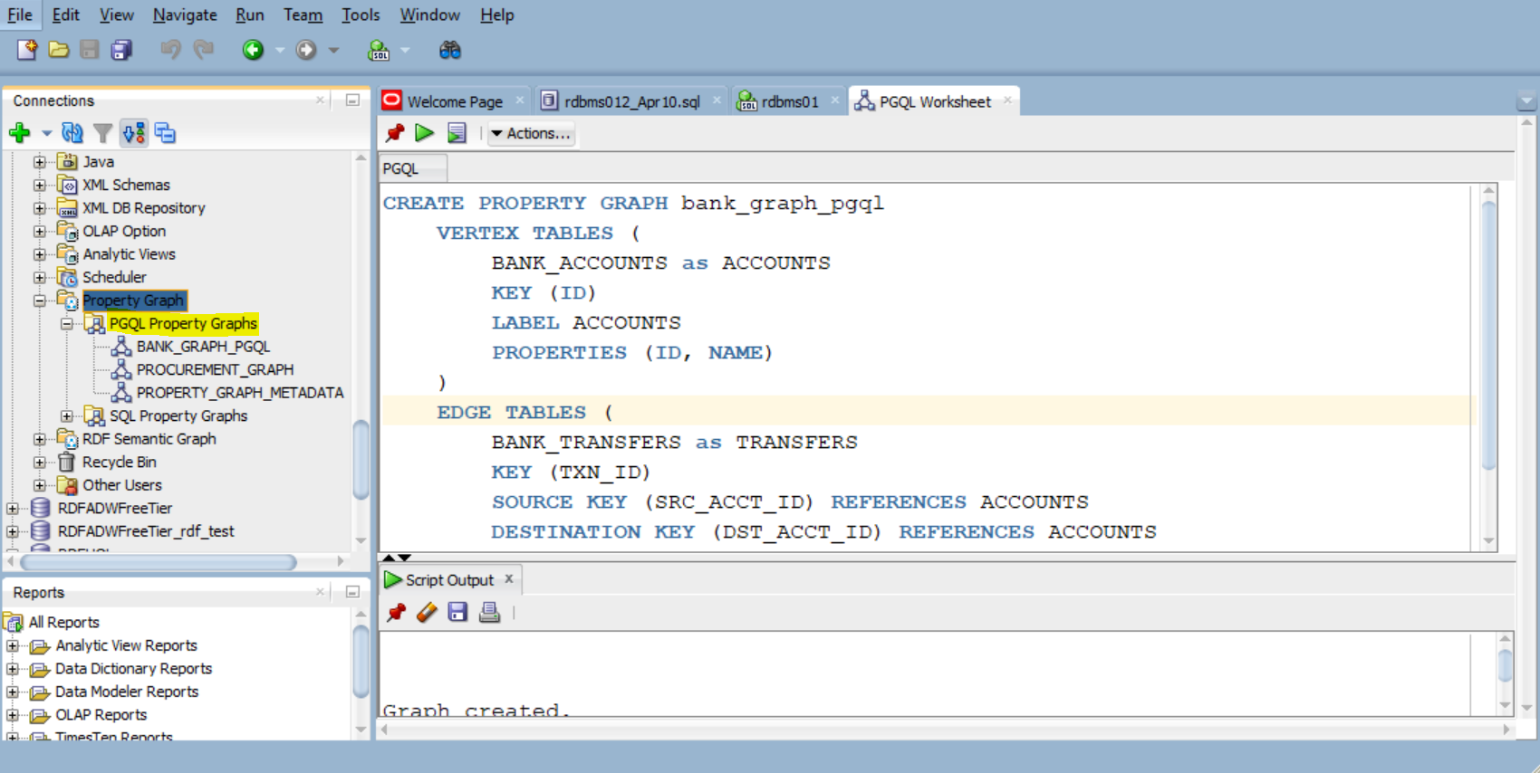 SQL Developer showing an example of listing PGQL property graphs in your database.