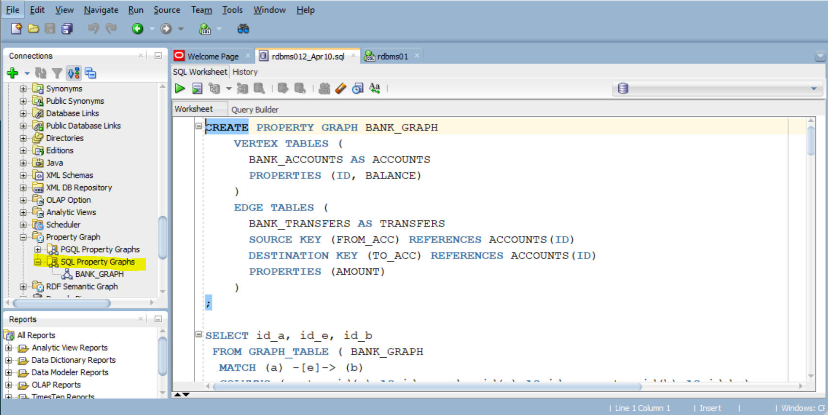 SQL Developer showing the menu option on the left where you can list the SQL property graphs in your database.