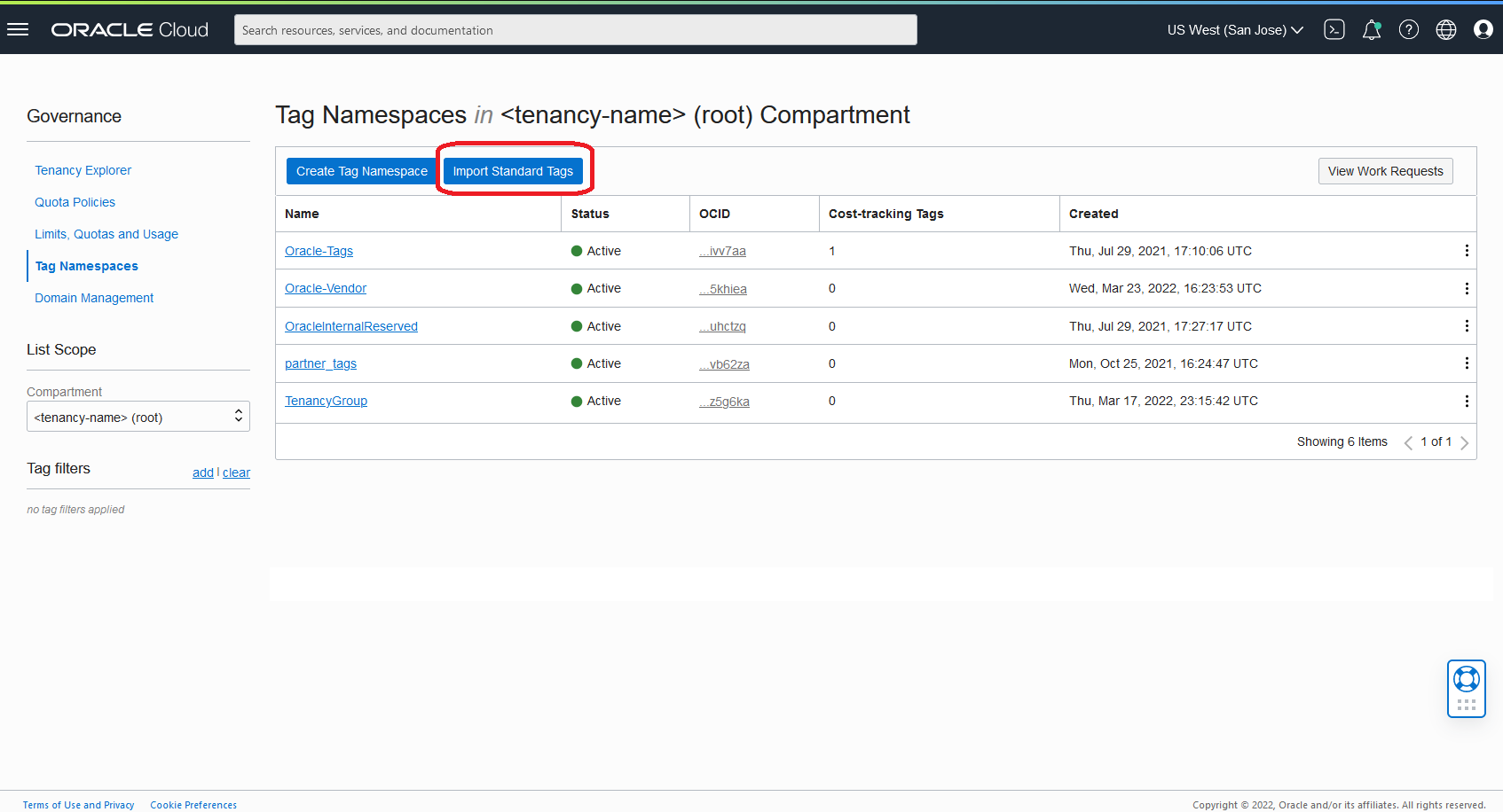 OCI Governance console showing Import standard tag button